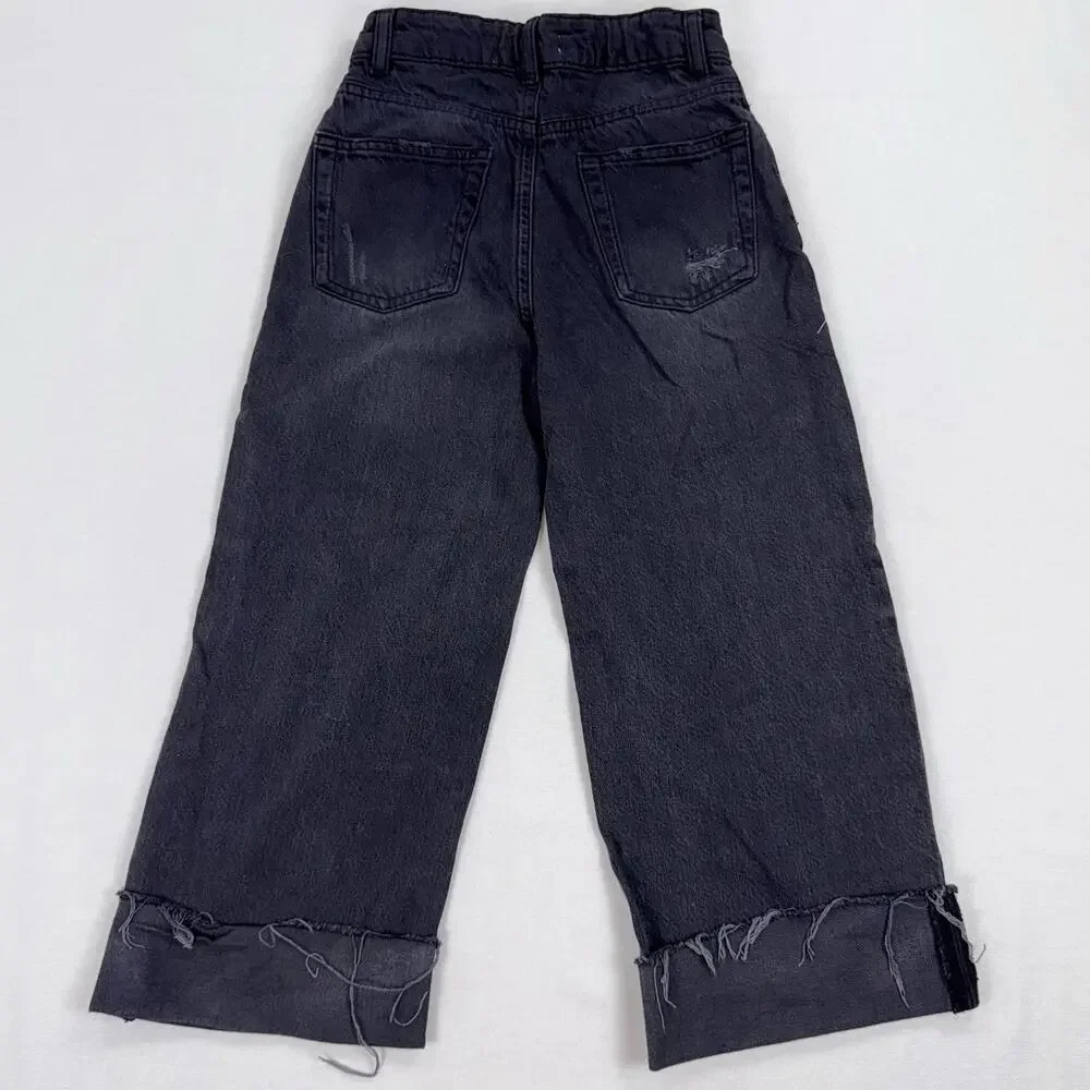Zara Kids Girls Distressed Wide Leg Jean Size 9 Washed Black Gray